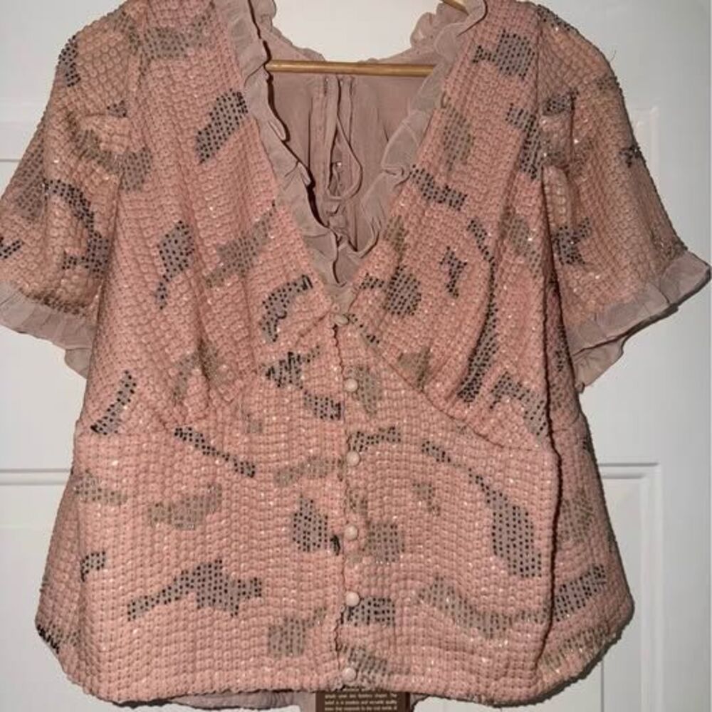NWT Anthropologie Pink Sequin Ruffle Cropped Top. Sz 1X - Picture 3 of 10